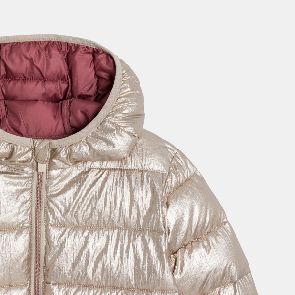 سترة منفوخة بغطاء رأس لامعة ذهبية اللون للفتيات